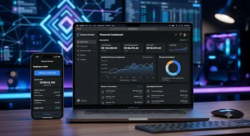 Painel financeiro do Conecta Control no notebook, com receitas, despesas e lucro do mês, ao lado do aplicativo de registro de ponto no celular.